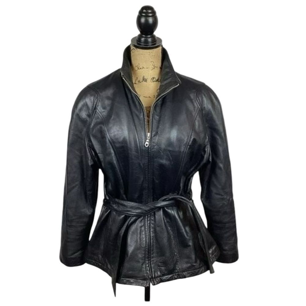 WILSONS LEATHER Black Belted Leather Biker Jacket Zip Front Size Medium
